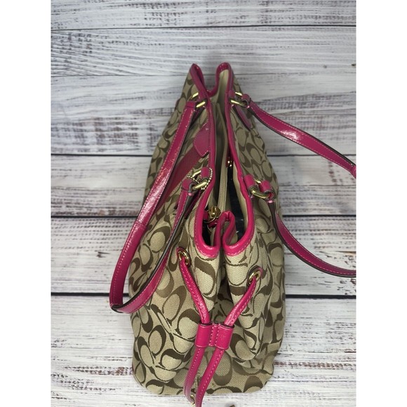 COACH F28501 Signature Stripe Drawstring Carryall Satchel Bag Pink Purse - Picture 11 of 16